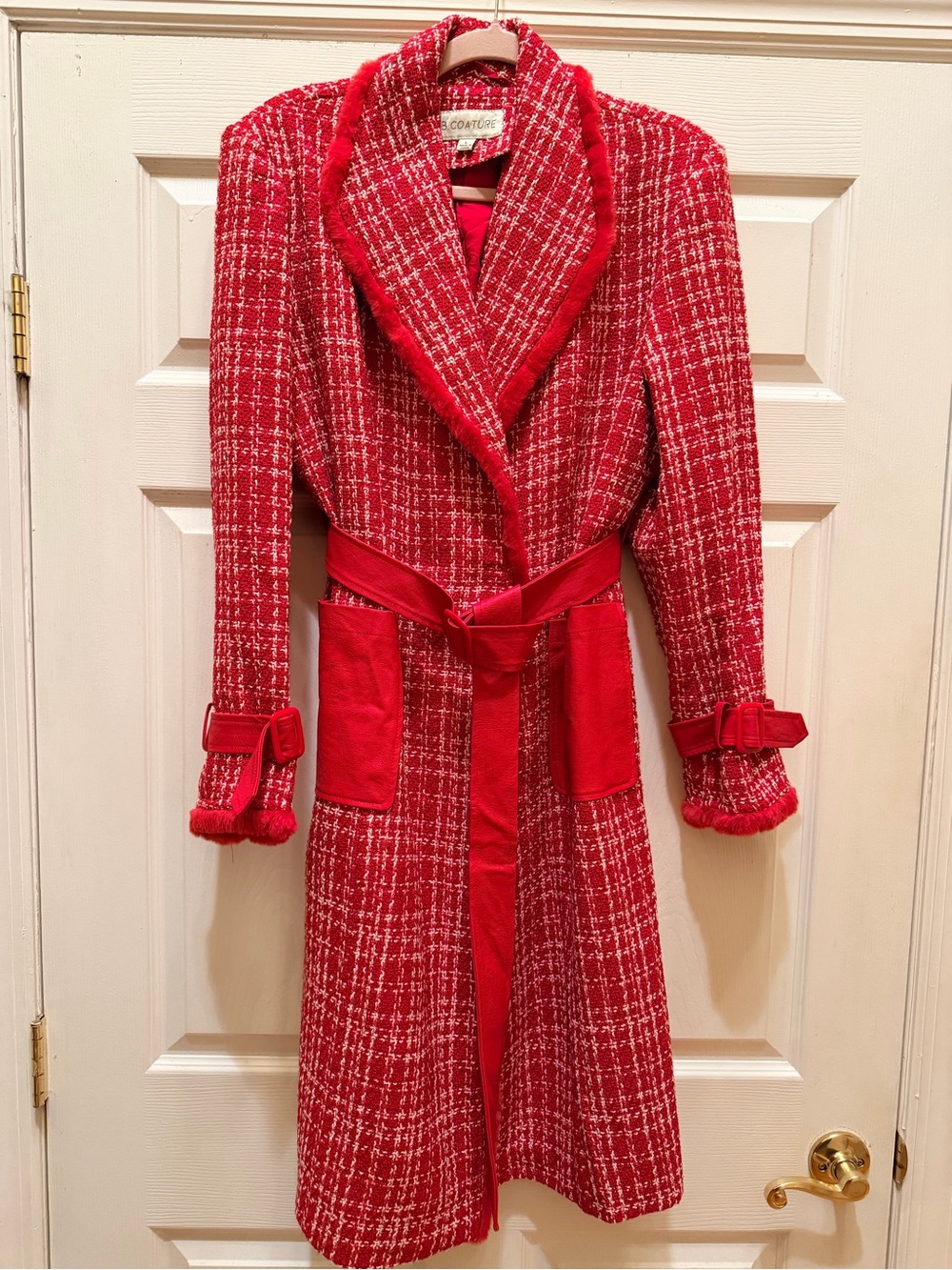 Red Tweed Belted Trench Coat by B Coature - New without tag